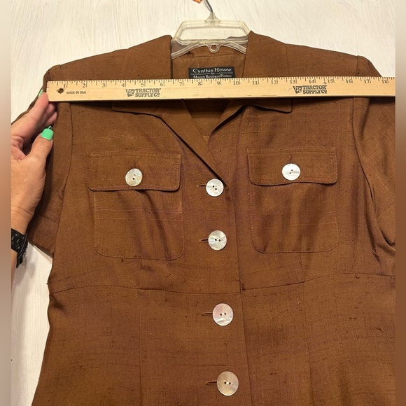 Cynthia Howie Silk Shirt Dress 8P Brown Button Front Vintage Career Midi - Picture 9 of 11